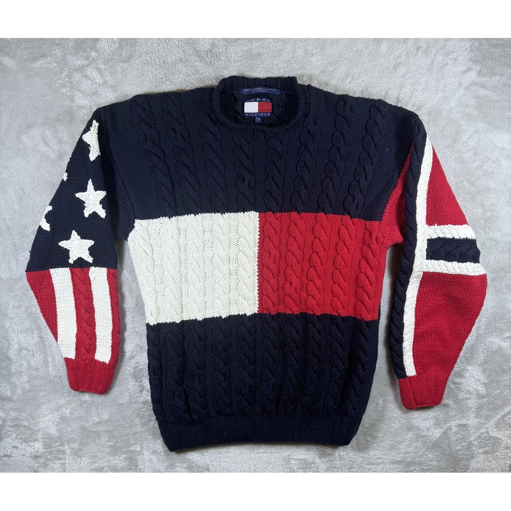 Tommy Hilfiger‎ Sweater Mens Small Navy Red White Cable Knit Flag Stars Stripes